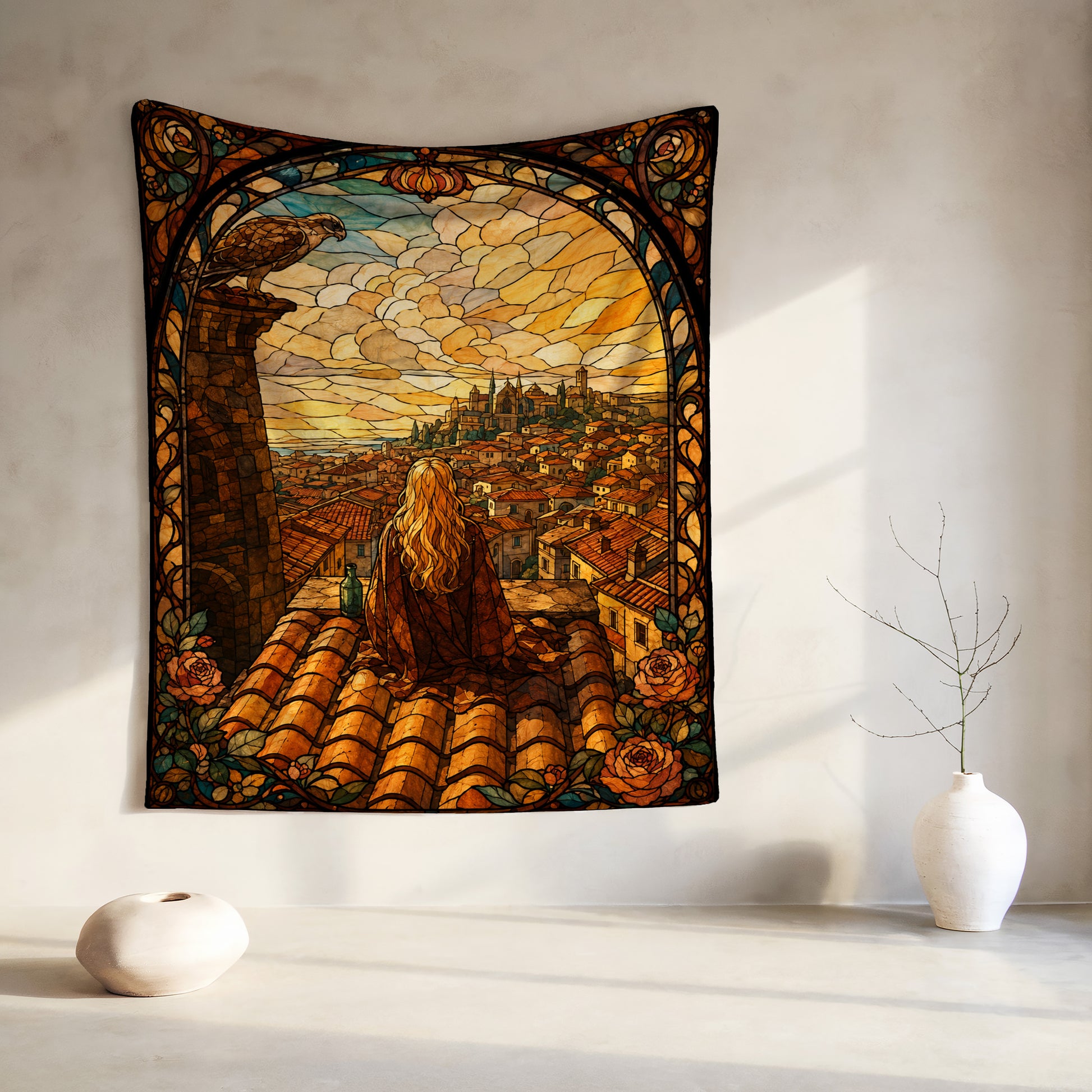Tapestry with stained glass style depicting a blonde figure on a rooftop overlooking a city.