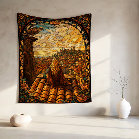 Tapestry with stained glass style depicting a blonde figure on a rooftop overlooking a city.