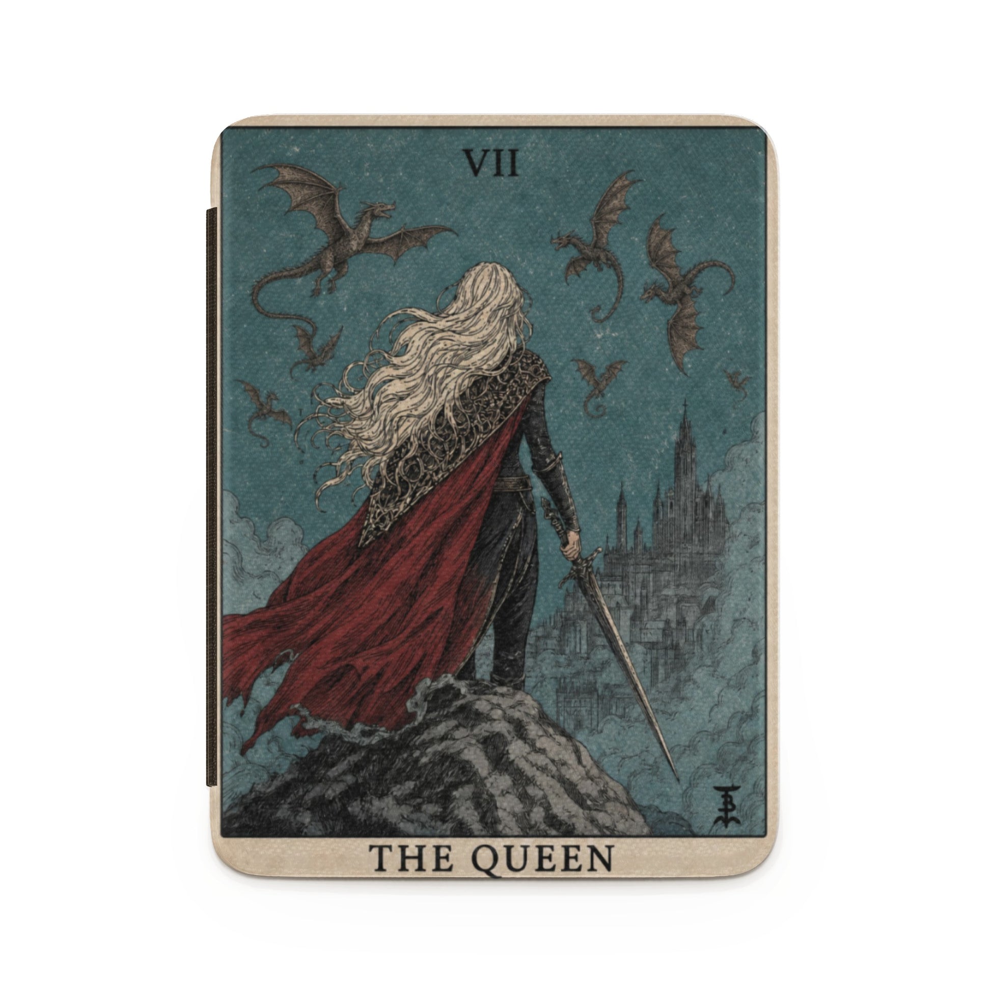 Tarot card with Roman numeral VII and text "THE QUEEN" featuring a woman with dragons.