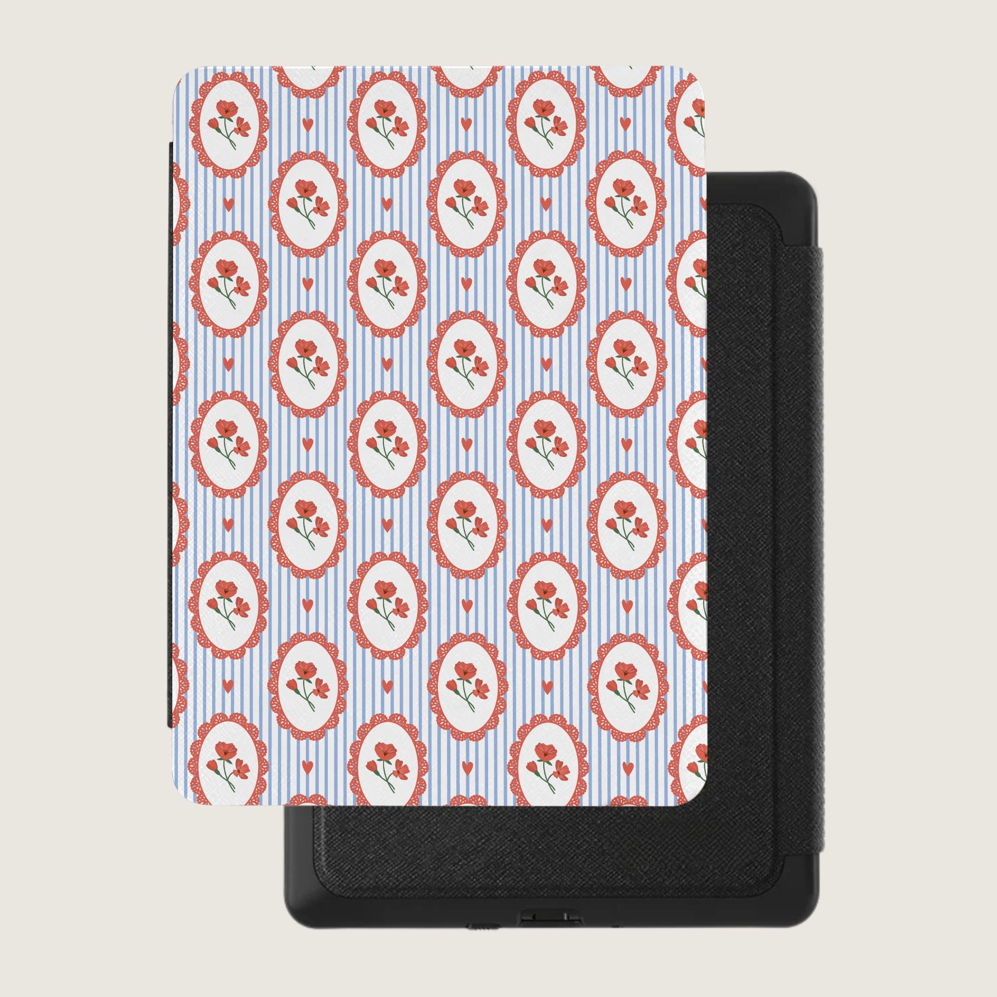 Vintage Rose Pattern Kindle Case with Heart Motifs