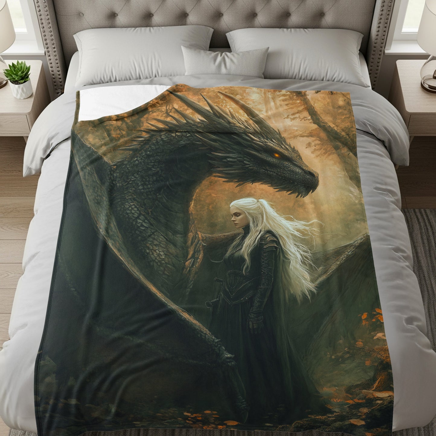 Fantasy Dragon and Woman Art Print Blanket