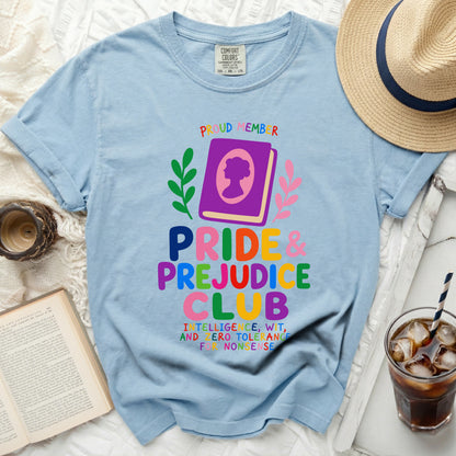 Light blue Comfort Colors t-shirt with Pride & Prejudice Club graphic and distressed book details.