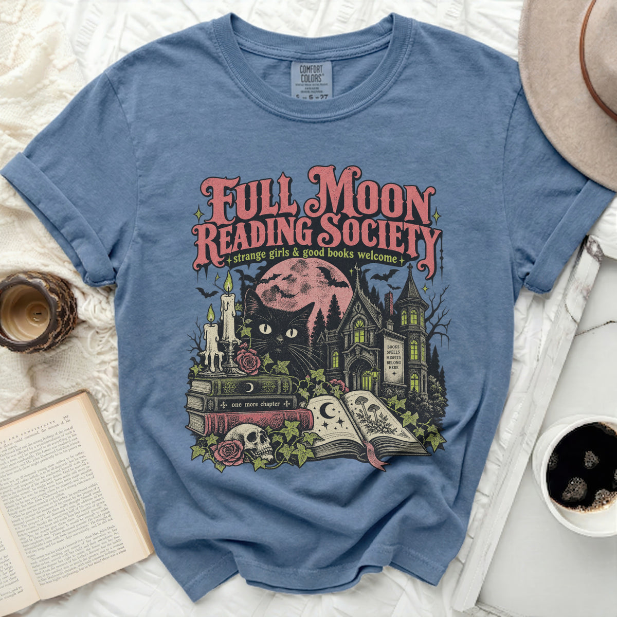 Full Moon Reading Society t-shirt with a spooky graphic and text.