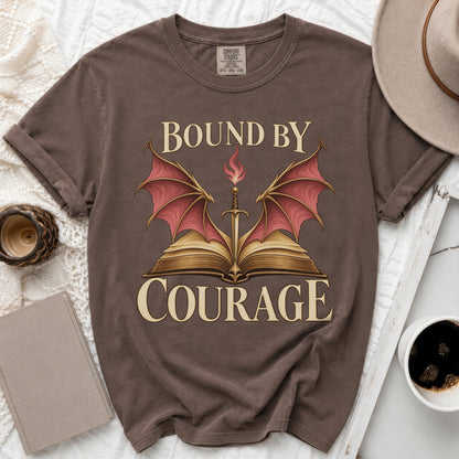 Brown t-shirt with "Bound by Courage" text and sword with dragon wings.