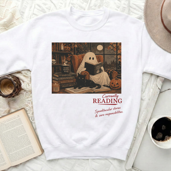 Cozy Ghost Reading Sweatshirt in White