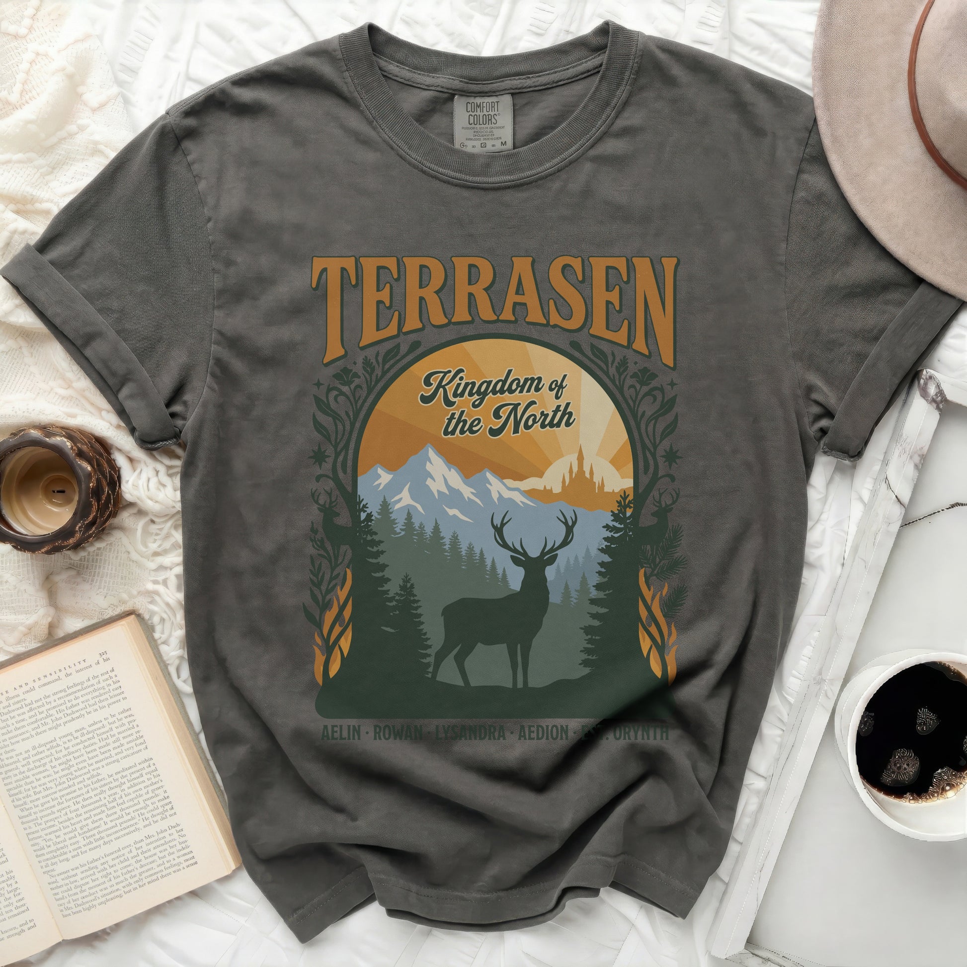 Terrasen Kingdom of the North graphic tee with deer and mountains.