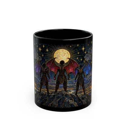 A black ceramic mug featuring a stained-glass illustration of three winged figures standing on a mountain.