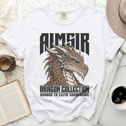 White t-shirt with a detailed dragon illustration and text: "AIMISIR", "DRAGON COLLECTION", "BONDED TO LILITH SORRENGAIL".