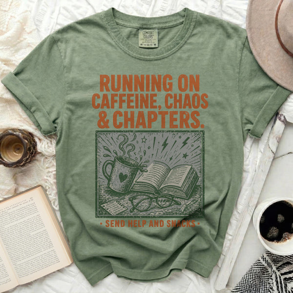 Running on Chapters Tee in Moss