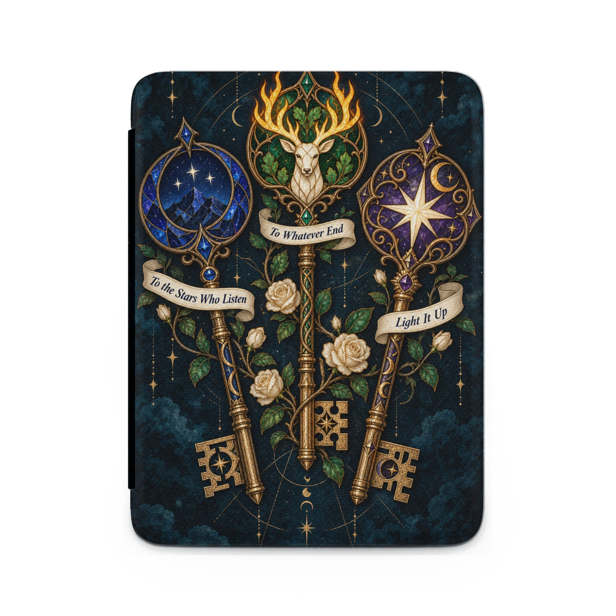 Three ornate keys with celestial designs and floral accents on a starry background.
