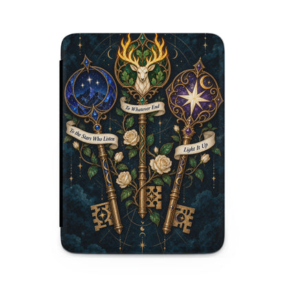 Three ornate keys with celestial designs and floral accents on a starry background.