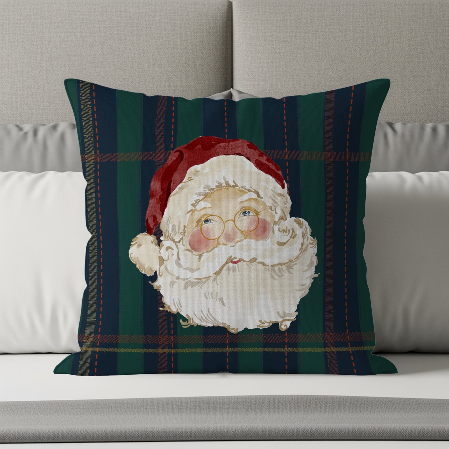 Santa Claus Throw Pillow with Plaid Background
