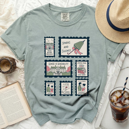 T-shirt with stamp-like illustrations of classic novels and themes.