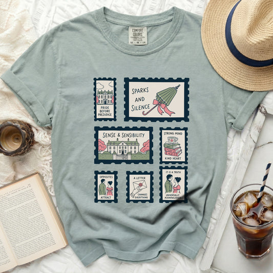 T-shirt with stamp-like illustrations of classic novels and themes.