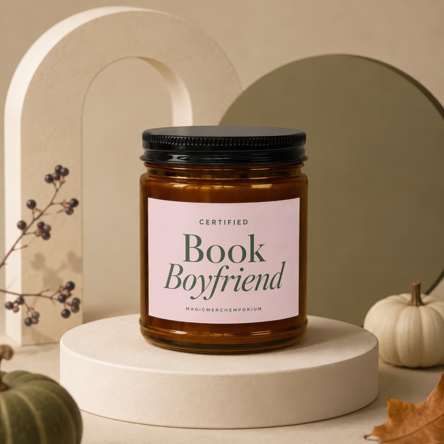 Amber glass candle with "CERTIFIED Book Boyfriend" label on pink background.