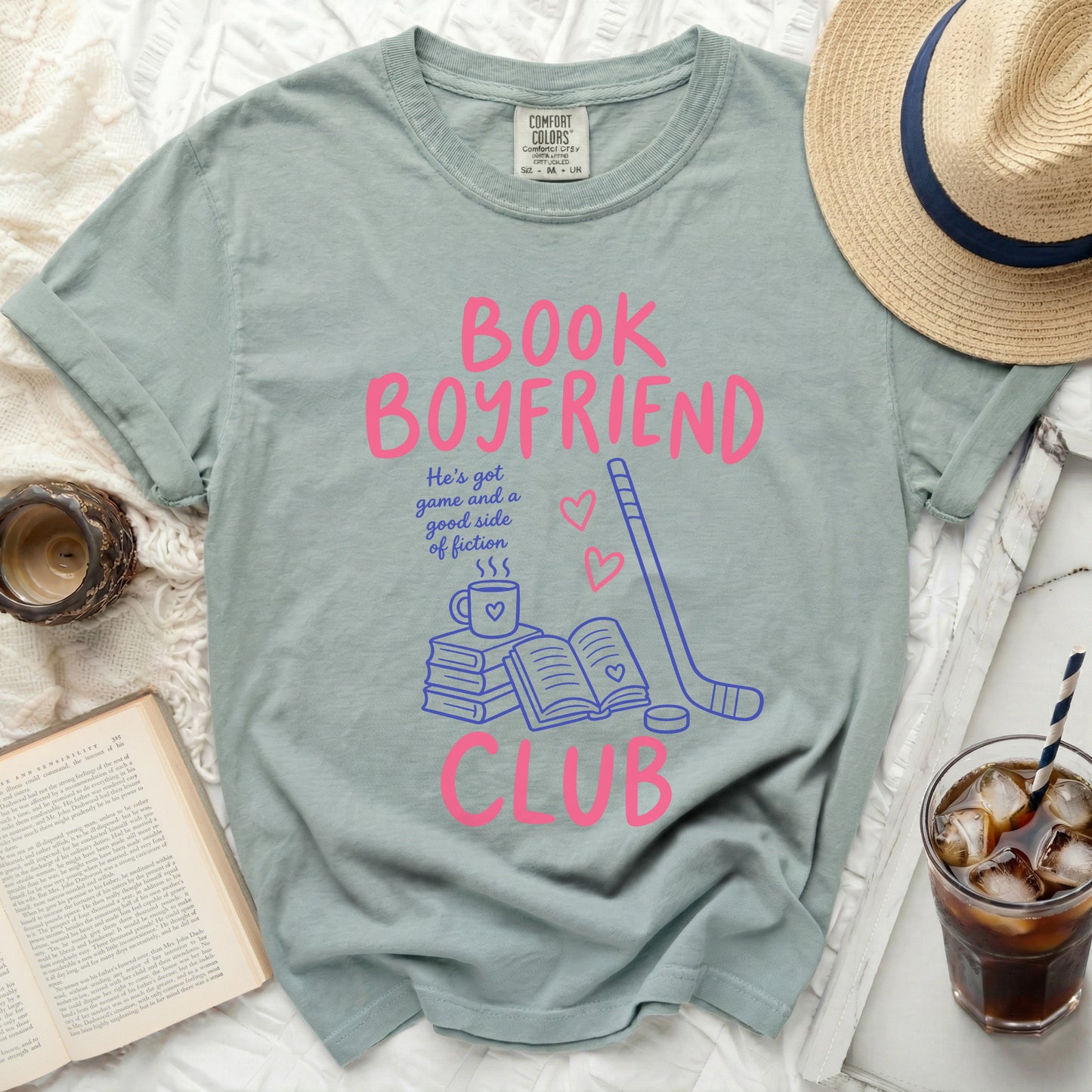 T-shirt with "BOOK BOYFRIEND CLUB" and book graphics.