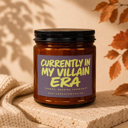 Amber jar candle with "Currently in my Villain Era" text.