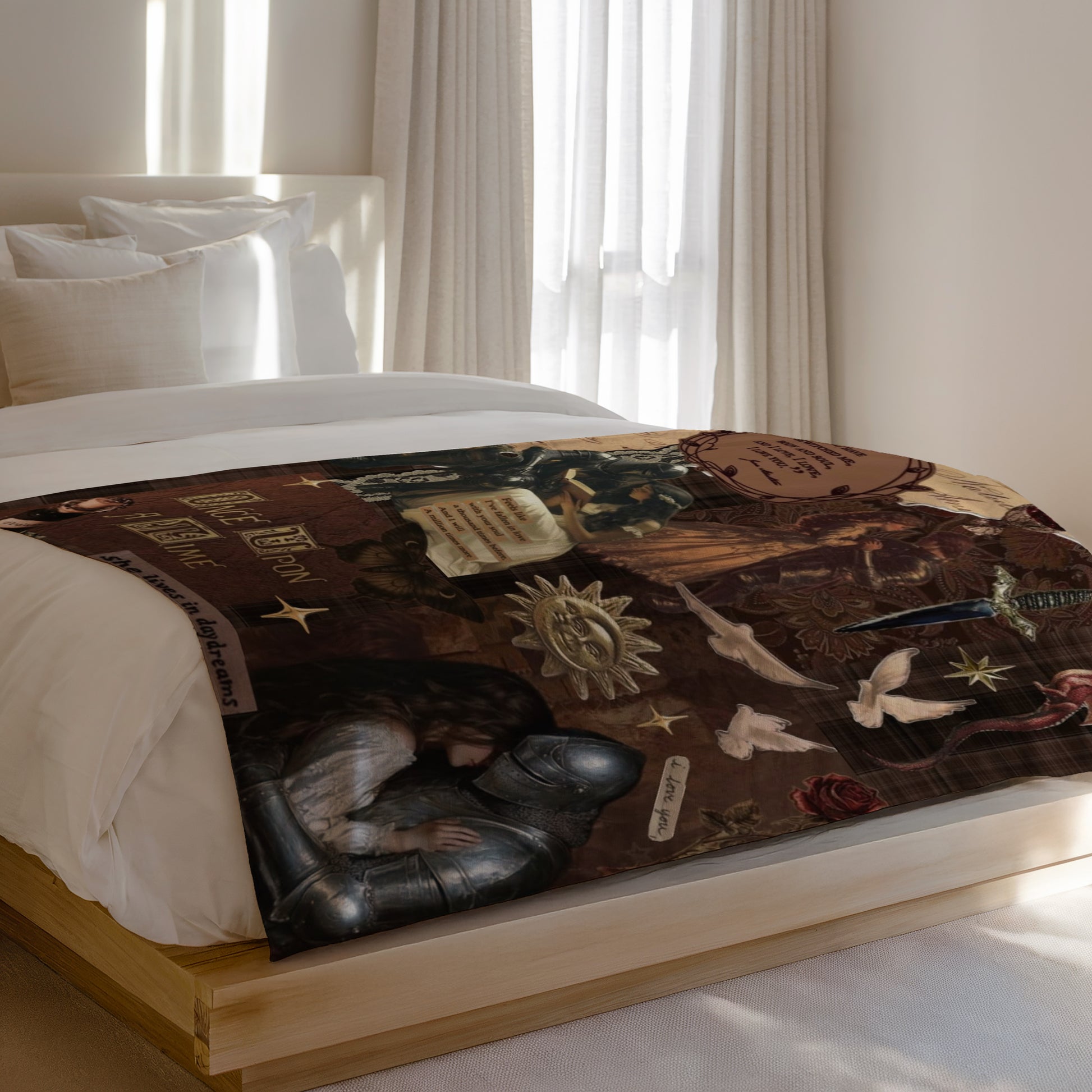 Tapestry-style blanket with knight, woman, doves, rose, dagger, and text on a bed.
