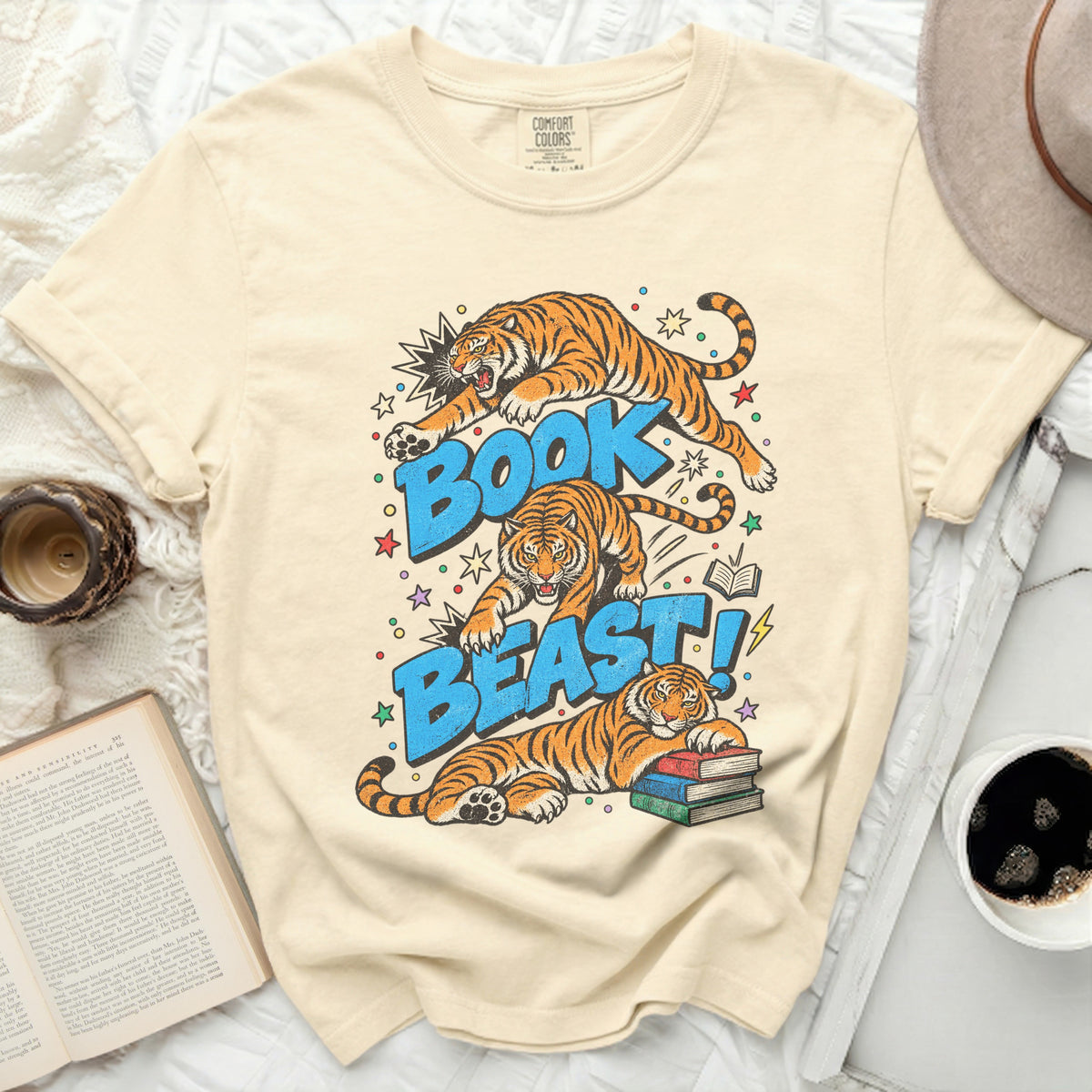 T-shirt with three tigers and "BOOK BEAST!" text in blue.