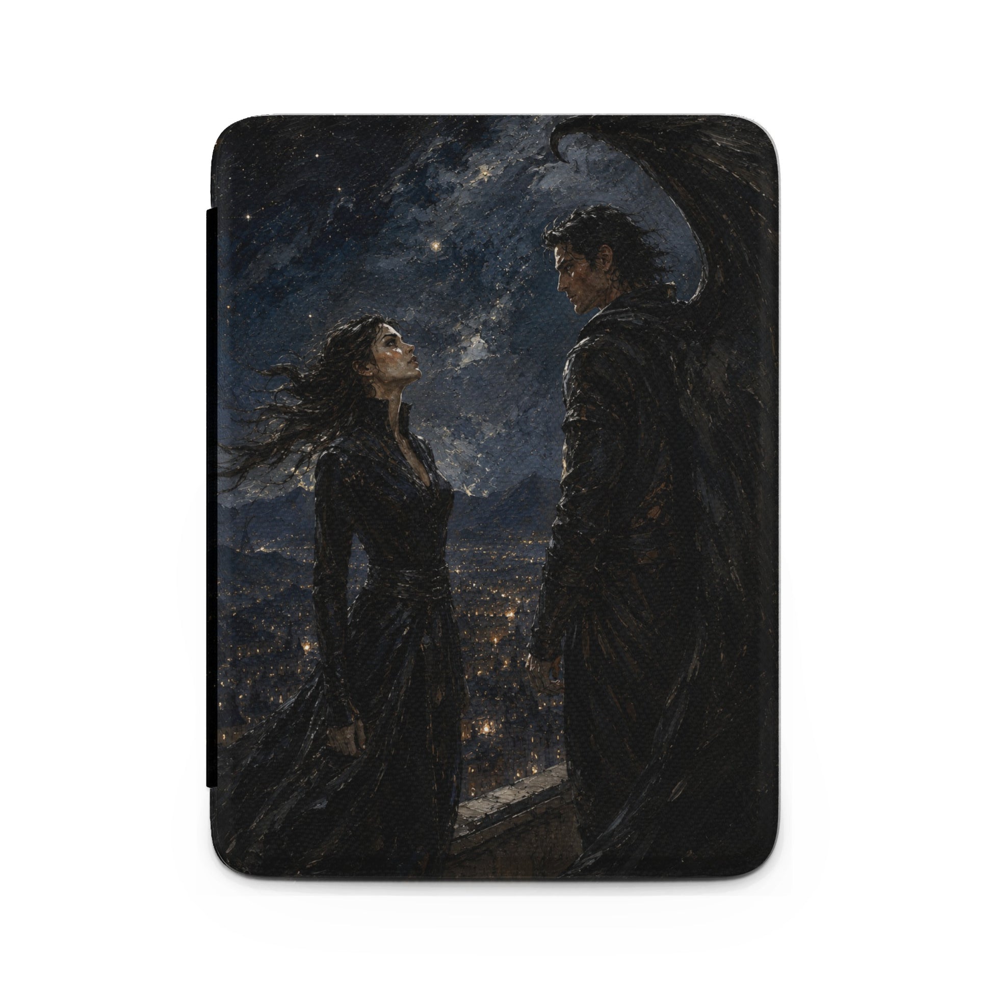Winged male and female figures gaze at each other under a starry night sky over city lights.