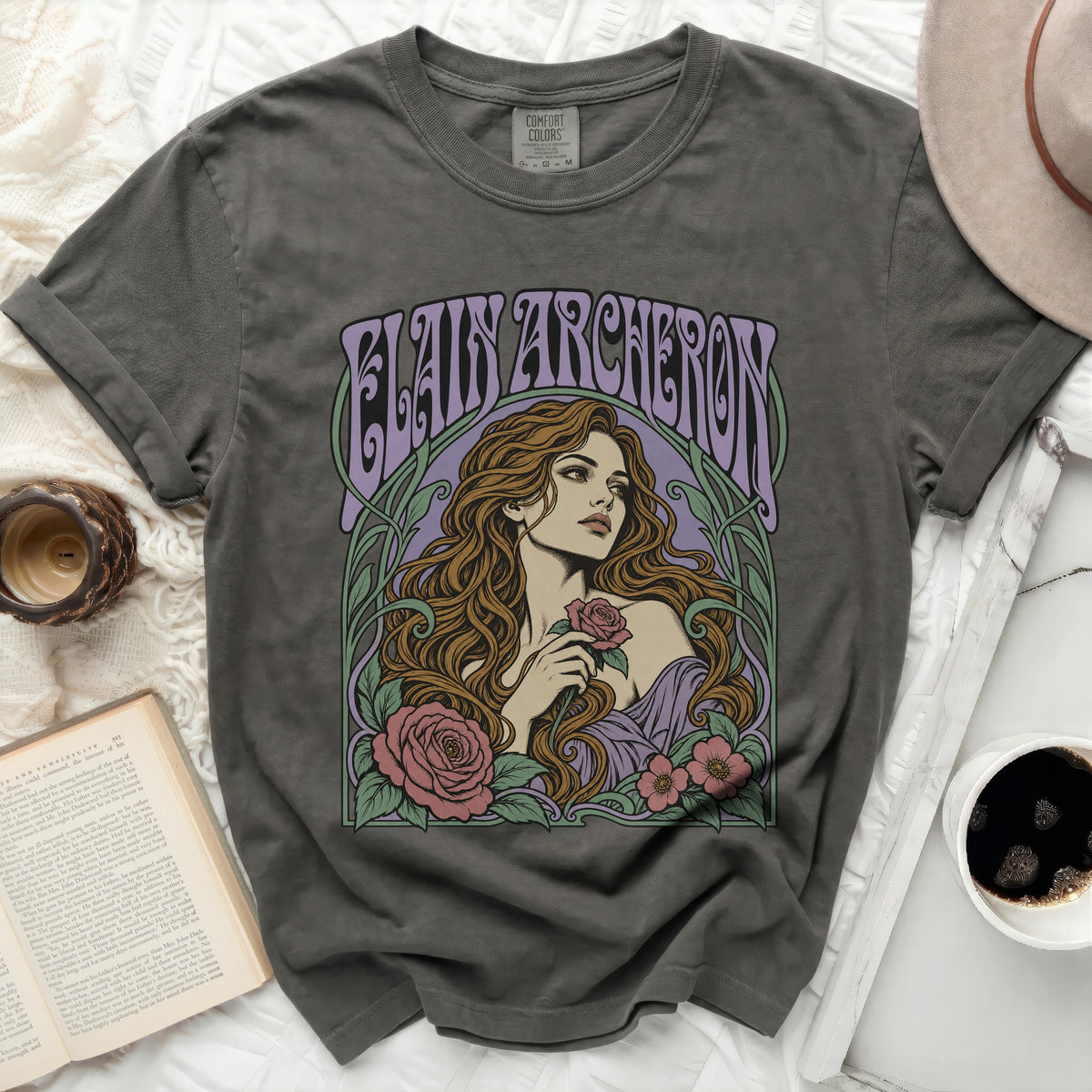 Gray Comfort Colors t-shirt with "ELAINE ARCHERON" text and floral art.