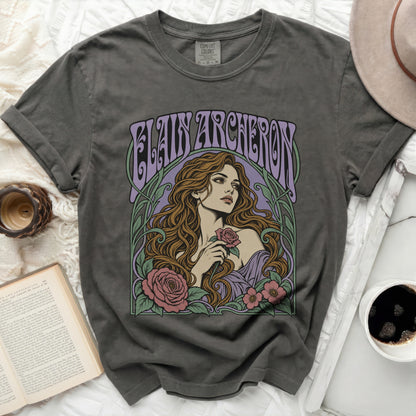 Gray Comfort Colors t-shirt with "ELAINE ARCHERON" text and floral art.