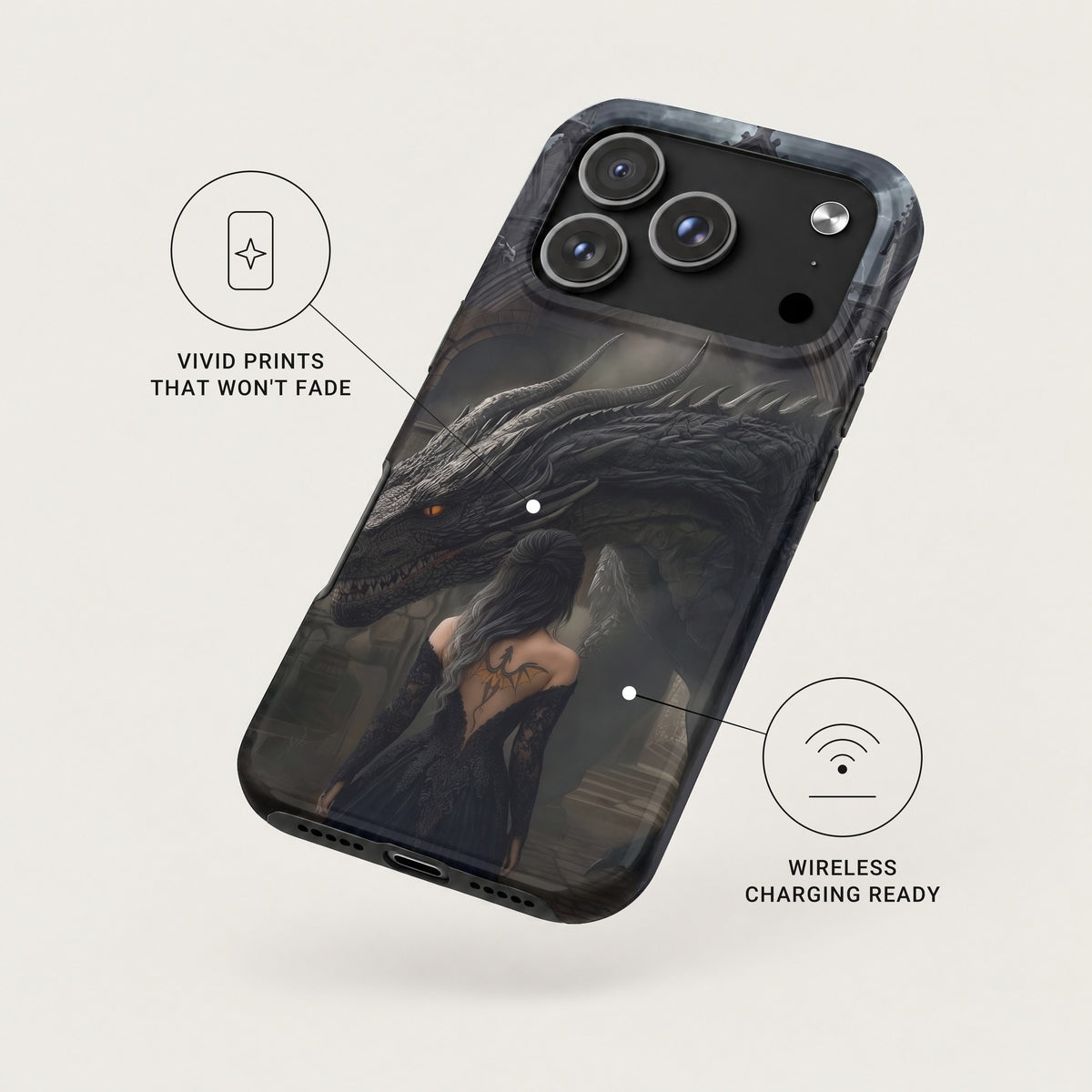 A black smartphone case featuring a dragon and woman graphic, with text callouts highlighting vivid prints and wireless charging.