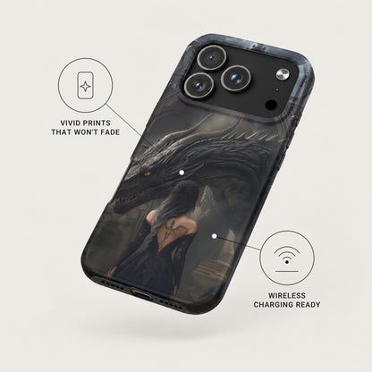 A black smartphone case featuring a dragon and woman graphic, with text callouts highlighting vivid prints and wireless charging.