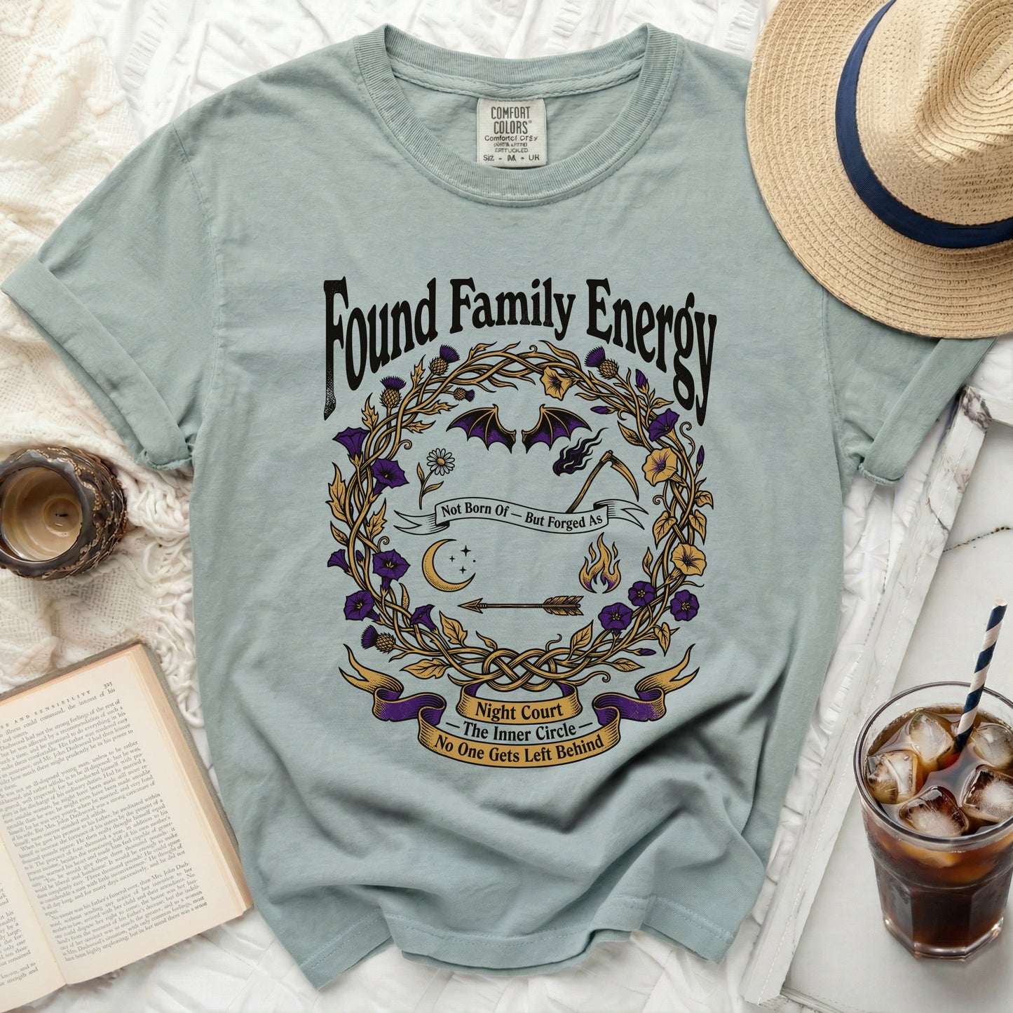 Found Family Energy shirt with ornate border, bats, and inspirational text.