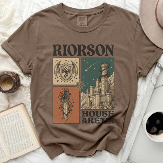 Brown t-shirt with "RIORSON HOUSE ARETIA" text and castle graphic.