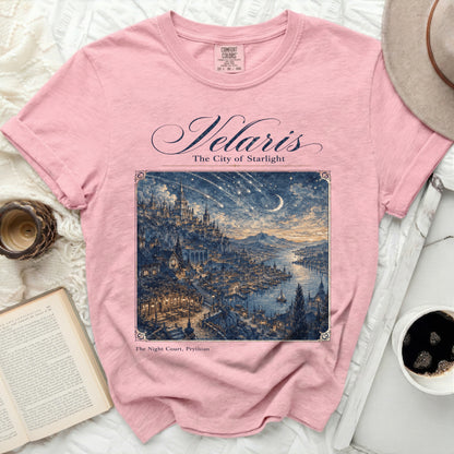 Velaris The City of Starlight artwork on a pink t-shirt.
