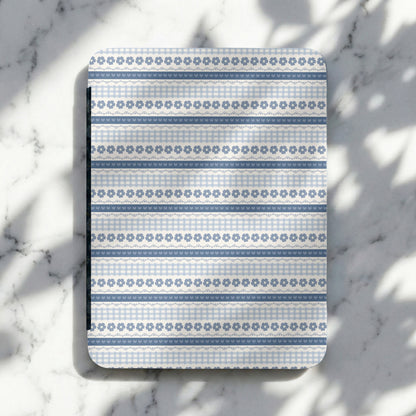 Blue Floral Stripes and Gingham Design on Marble Plate