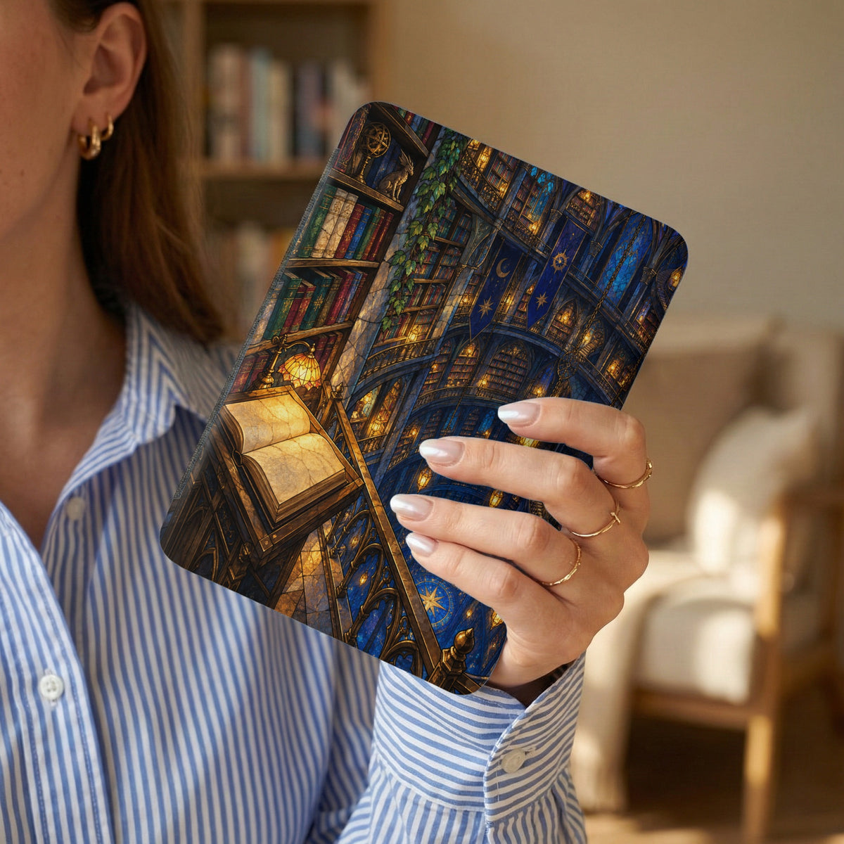 Device cover with stained glass library and celestial design.