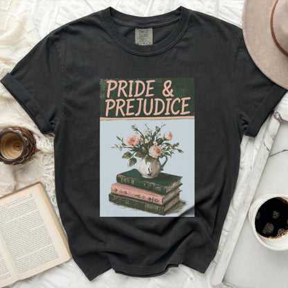 Grey t-shirt with "Pride & Prejudice" text and floral book illustration.