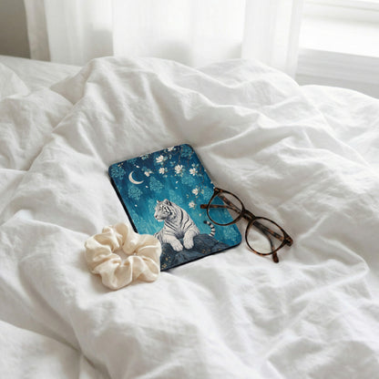 Square coaster with a white tiger on a blue floral and moon background.