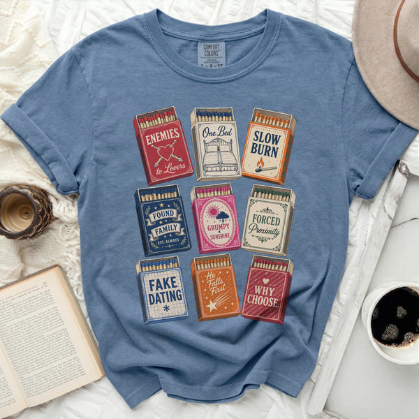Iconic Romance Trope Matchbox Tee in Blue Jean