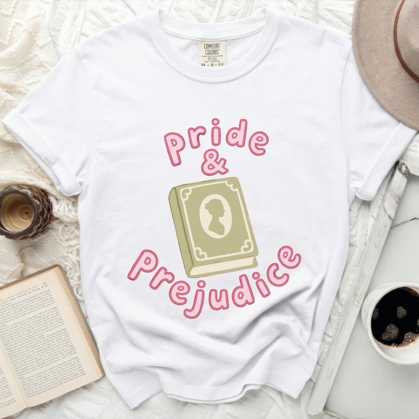 White t-shirt with pink Pride and Prejudice book graphic