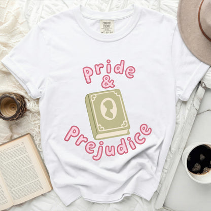 White t-shirt with pink Pride and Prejudice book graphic
