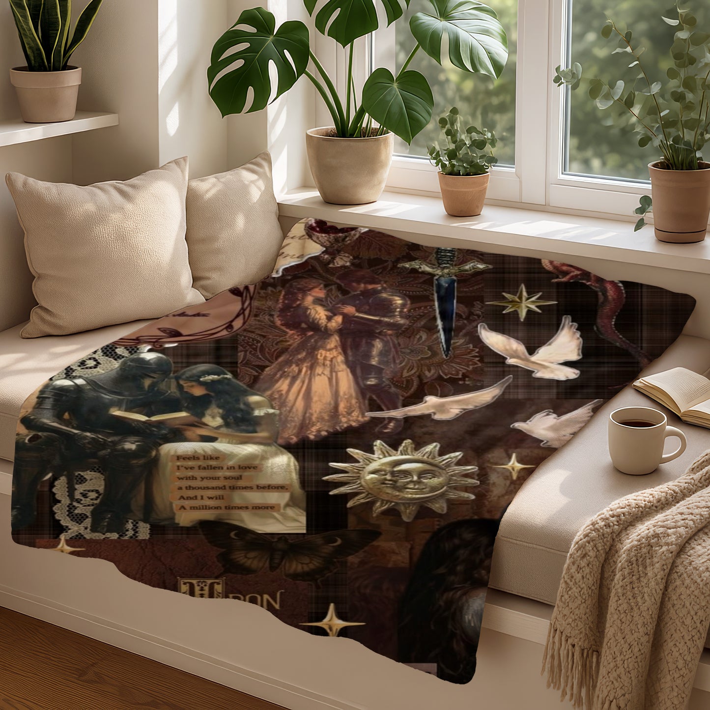 Collage blanket with medieval knights, a couple, doves, sword, sun, moth, and text.