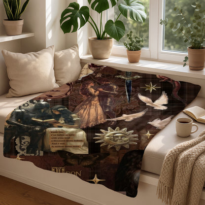 Collage blanket with medieval knights, a couple, doves, sword, sun, moth, and text.