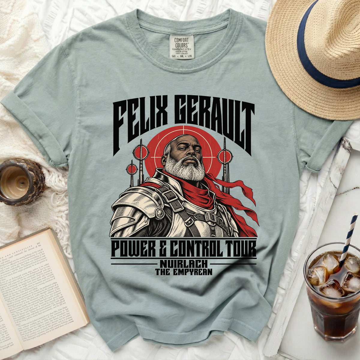 Light blue t-shirt with Felix Geralt "Power & Control Tour" graphic.
