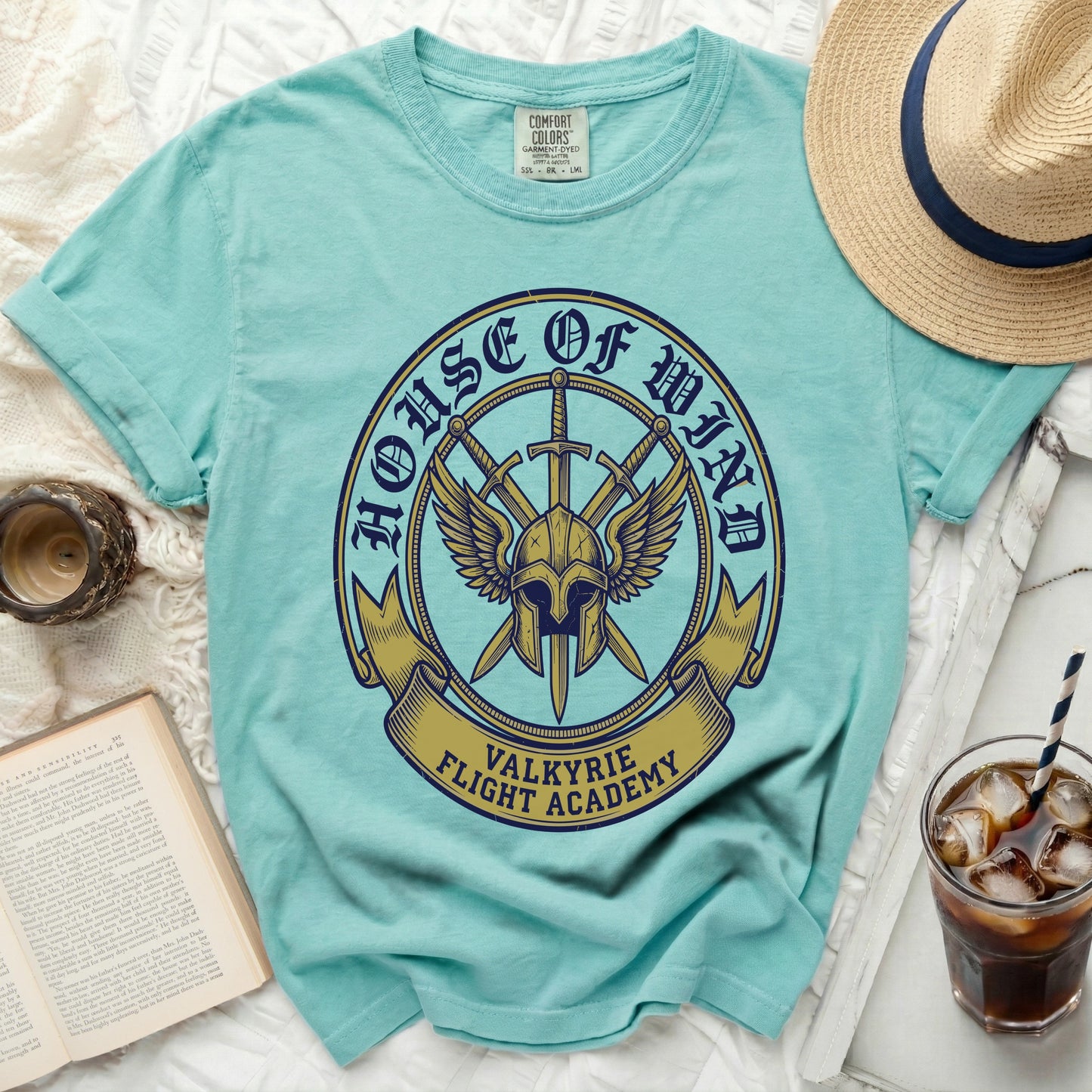 Aqua t-shirt with "House of Mind Valkyrie Flight Academy" circular logo.