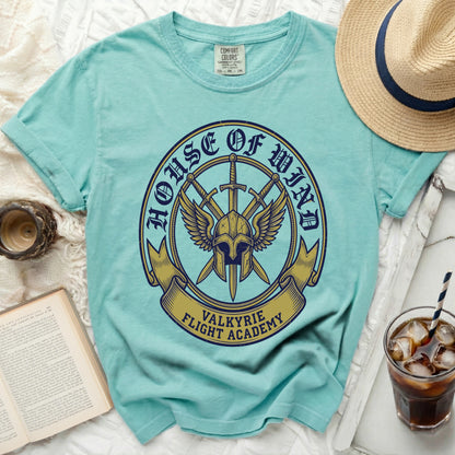 Aqua t-shirt with "House of Mind Valkyrie Flight Academy" circular logo.