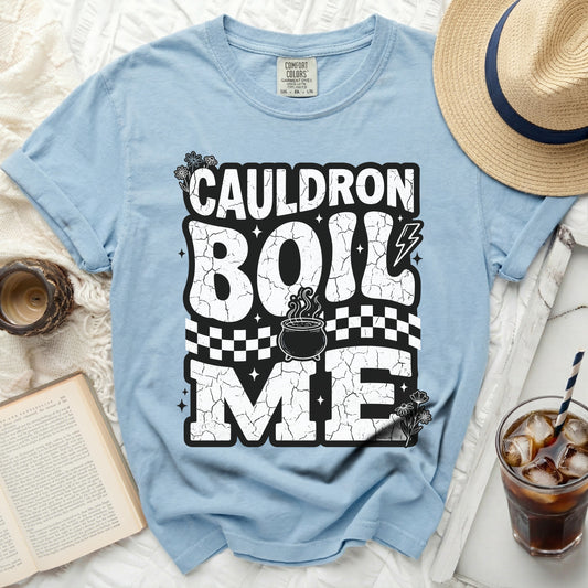 Light blue t-shirt with "Cauldron Boil Me" graphic featuring a cauldron.