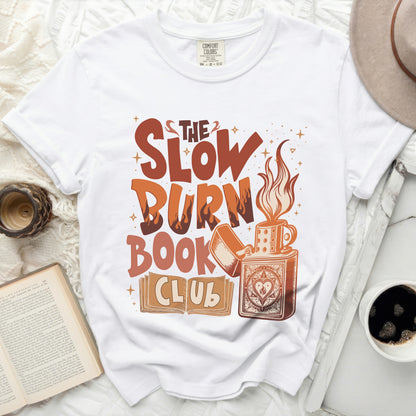 The Slow Burn Book Club graphic on a white t-shirt.