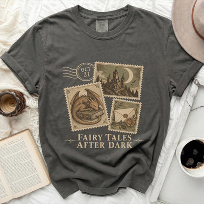 Dark grey t-shirt with "Fairy Tales After Dark" and vintage stamp graphics.