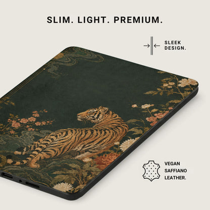 Dark green case with tiger and floral pattern, features "Vegan Saffiano Leather." text.