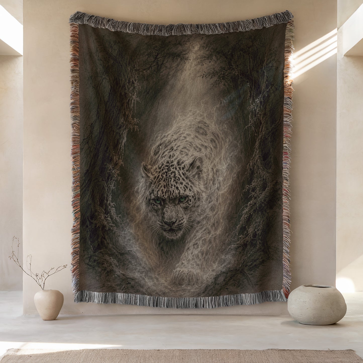 a large tapestry hanging on a wall, depicting a leopard in a forest setting. The tapestry is framed by a decorative border and is placed between two small vases, one on each side. The overall scene is serene and artistic, with the tapestry as the focal point of the image.