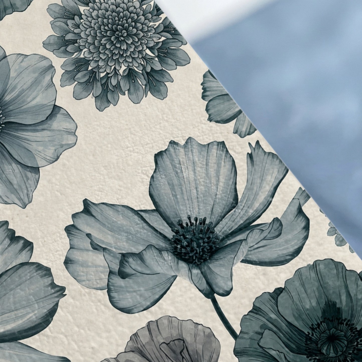 Monochromatic floral pattern with poppies and a chrysanthemum against a textured background.