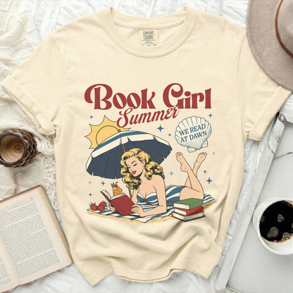 Cream t-shirt with "Book Girl Summer" and beach reading graphic.